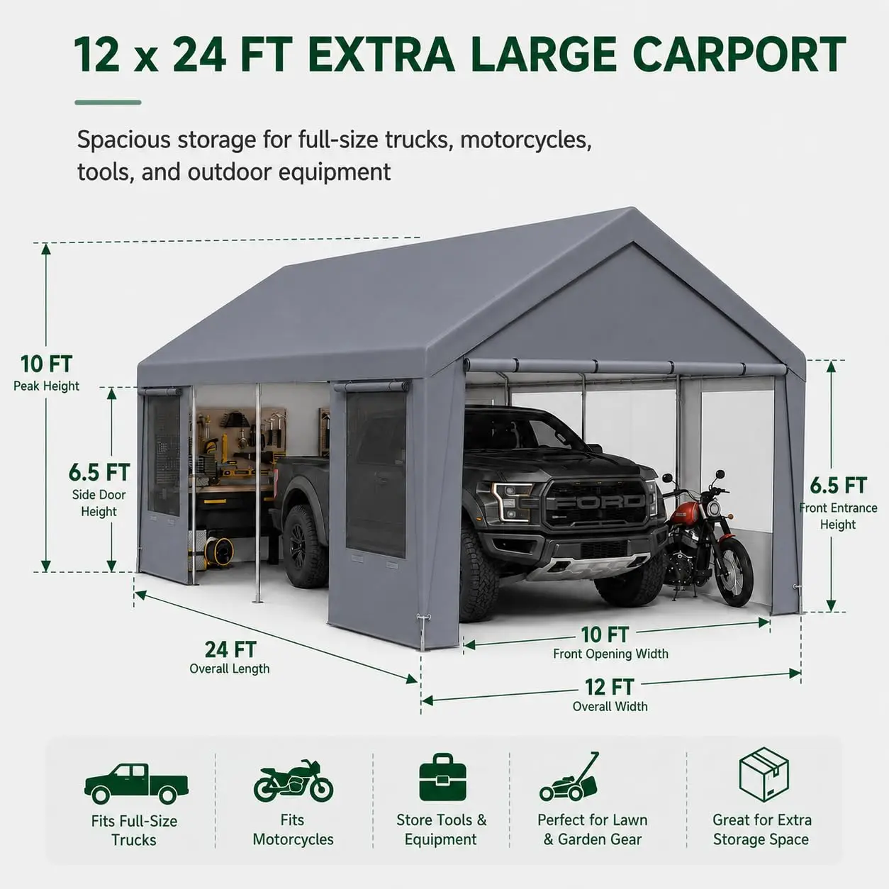 12x24 ft Carport Canopy with Removable Sidewalls & Zipper Doors, Enclosed Outdoor Shelter for SUV Truck Boat, Customized