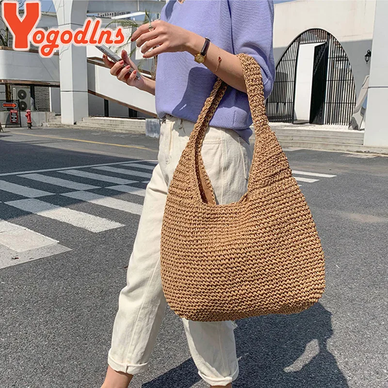 Yogodlns Summer Straw Bag For Women Woven Handmade Handbag Large Capacity Lady Tote Vacation Beach Bag Rattan Shoulder Bag Bolsa