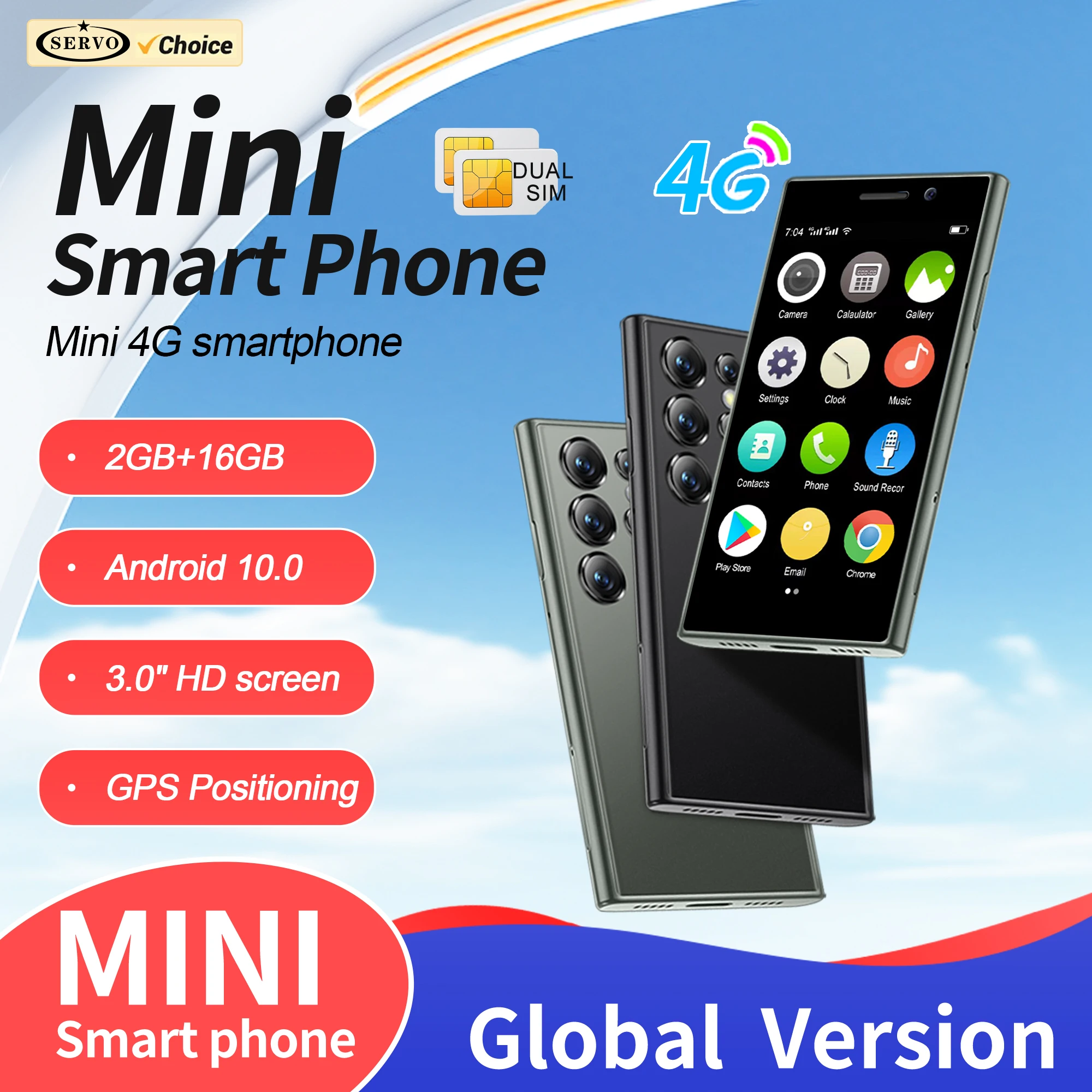 SERVO S24 MINI 4G LTE الهاتف الذكي نظام أندرويد 2GB + 16GB Play Store WhatsAPP WiFi Face Unlock 3.0 "هواتف Samrt الصغيرة 2 بطاقة SIM #1
