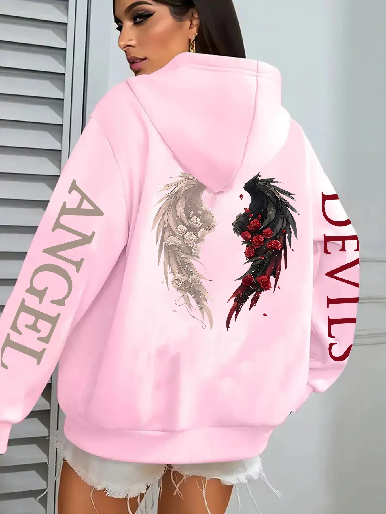 Women's Hoodie Jacket - Dark Green with Angel/Devil Contrast Print, Zipper Front Closure & Side Pockets - Warm Polyester Outerwe