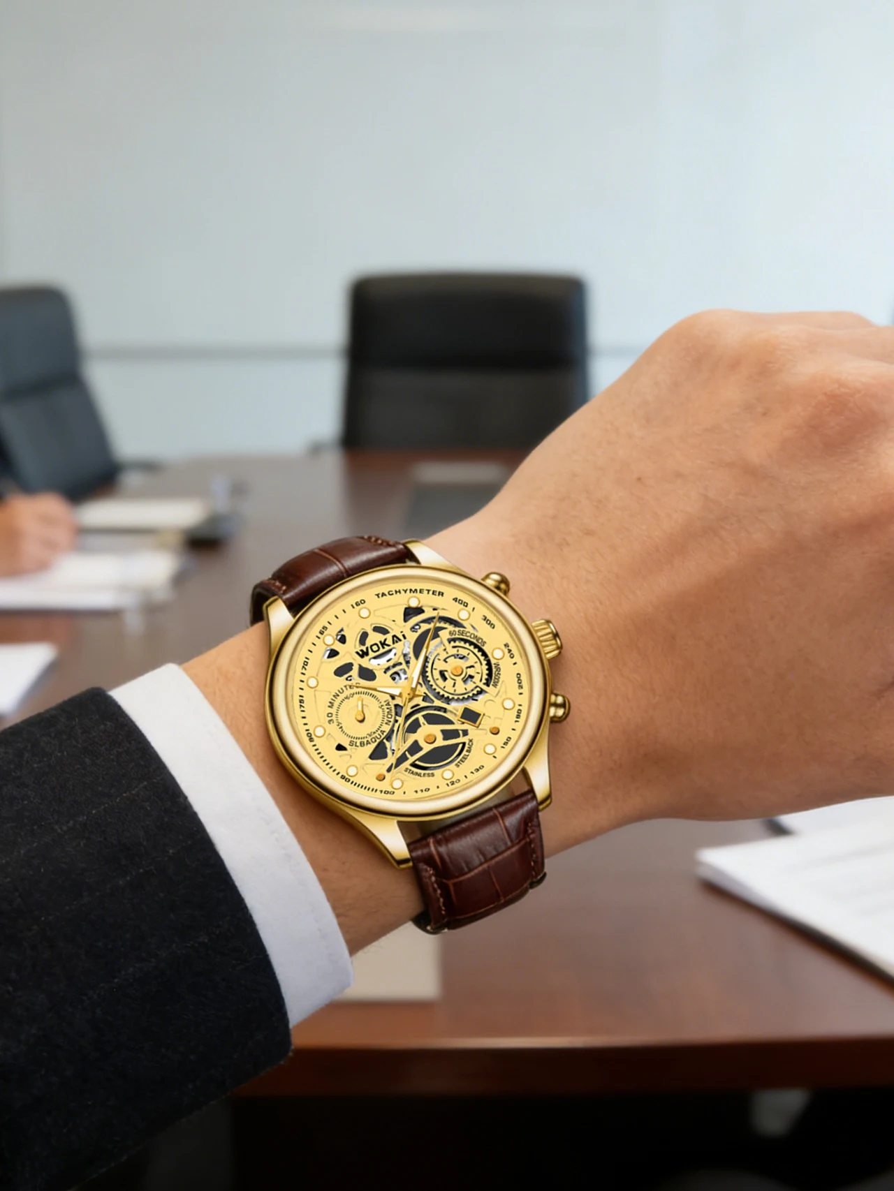 Reloj de Lujo para Hombre, Esqueleto Dorado, Correa de Cuero Marrón, Reloj de Pulsera Mecánico Automático, Reloj de Vestir Vintage para Hombre
