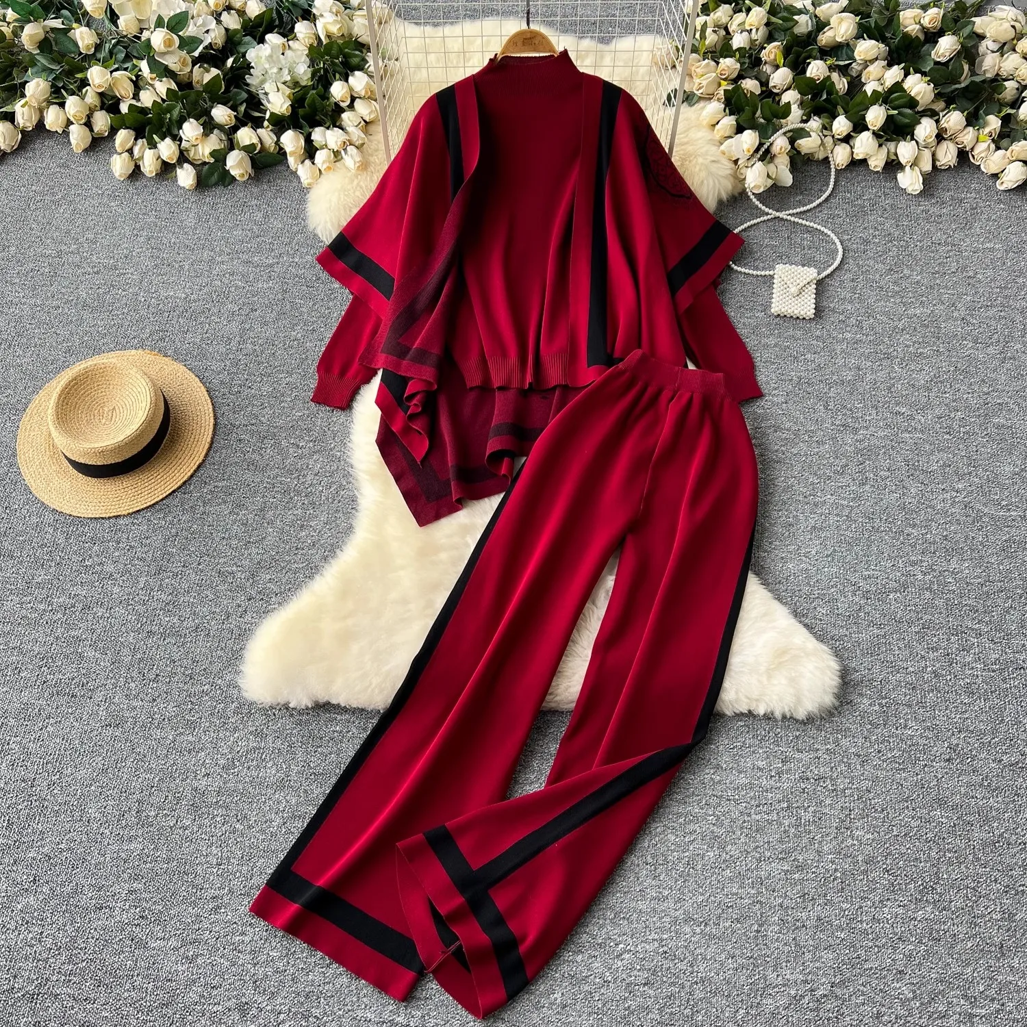 Autumn Winter 3 Piece Women Cardigan Tracksuits Fashion Knitted Pant Set Ladies Sweater Suit Vintage Fashion Ladies 3 Piece Set