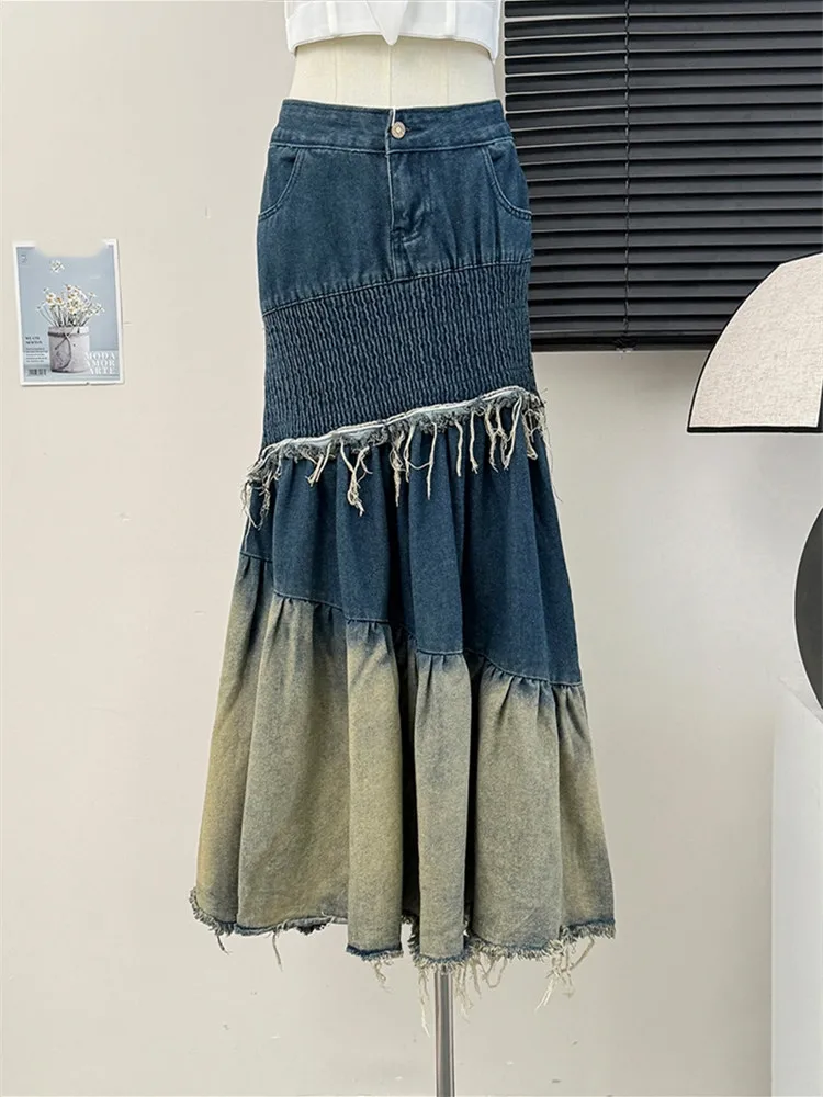 

Denim Skirts Women American Retro Sexy Style Patchwork Spring Autumn High Waisted Slim Design Tassel Fishtail Long Skirt