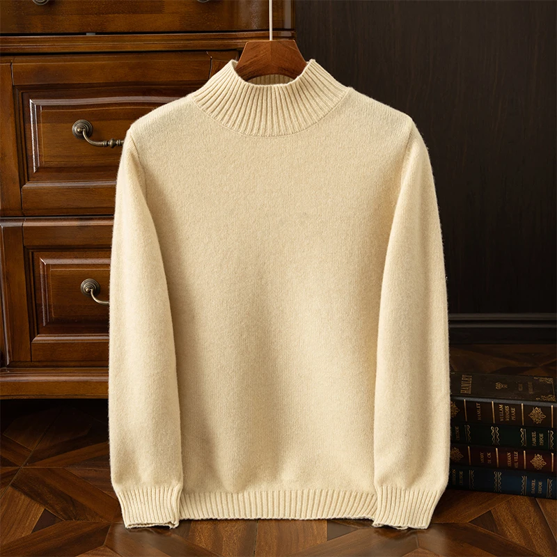 100% Merino Wool Autumn Winter Men's Classic Business Round-Neck Sweater Versatile Casual Half-High Thick Warm Top Knitwear