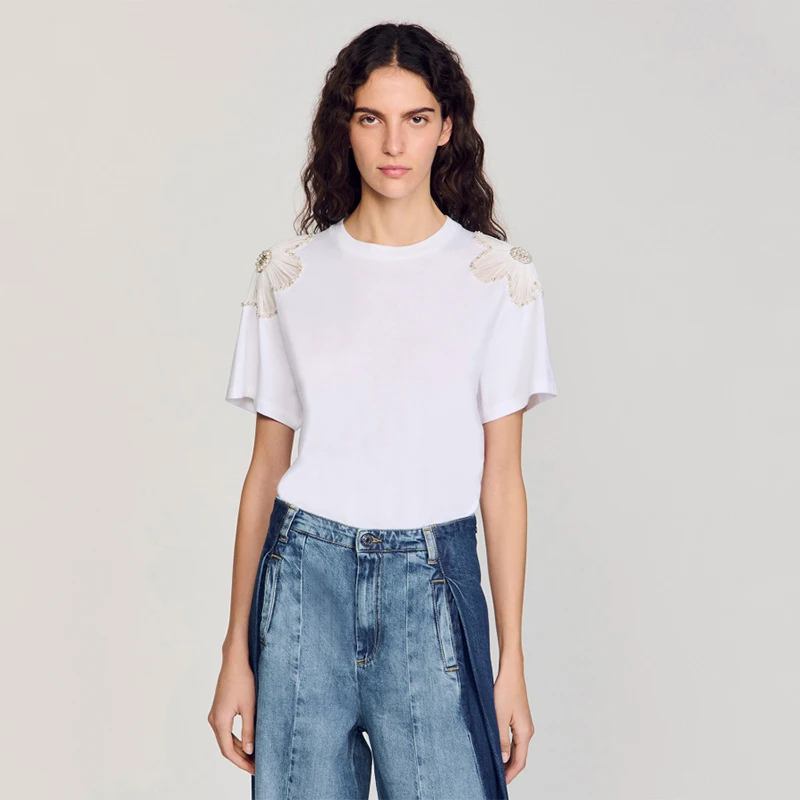 

Летняя новинка MaSandeS: свободная белая футболка с вышивкой и стразами, женская повседневная хлопковая футболка с круглым вырезом...