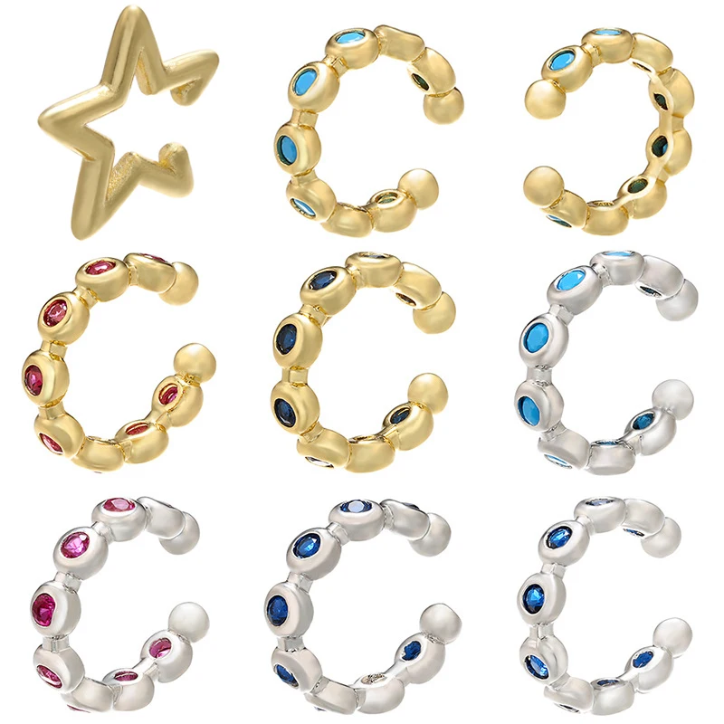 Single One Ear Clip on Earrings Cuff Star Heart Rivet Rainbow CZ Gold Silver Color Earring Jewelry Aretes Non Pierced Earing