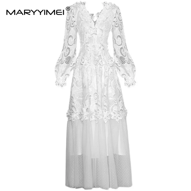 

MARYYIMEI Fashion Women's Autumn dress Standing collar Long sleeved Hollowed out Applique Patchwork Mesh Elegant Dresses