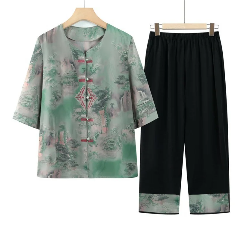 

XL-5XL женский пижамный комплект с винтажным принтом, повседневная одежда для бабушки, осень-зима, домашняя одежда из двух предметов, костюм для матери среднего возраста