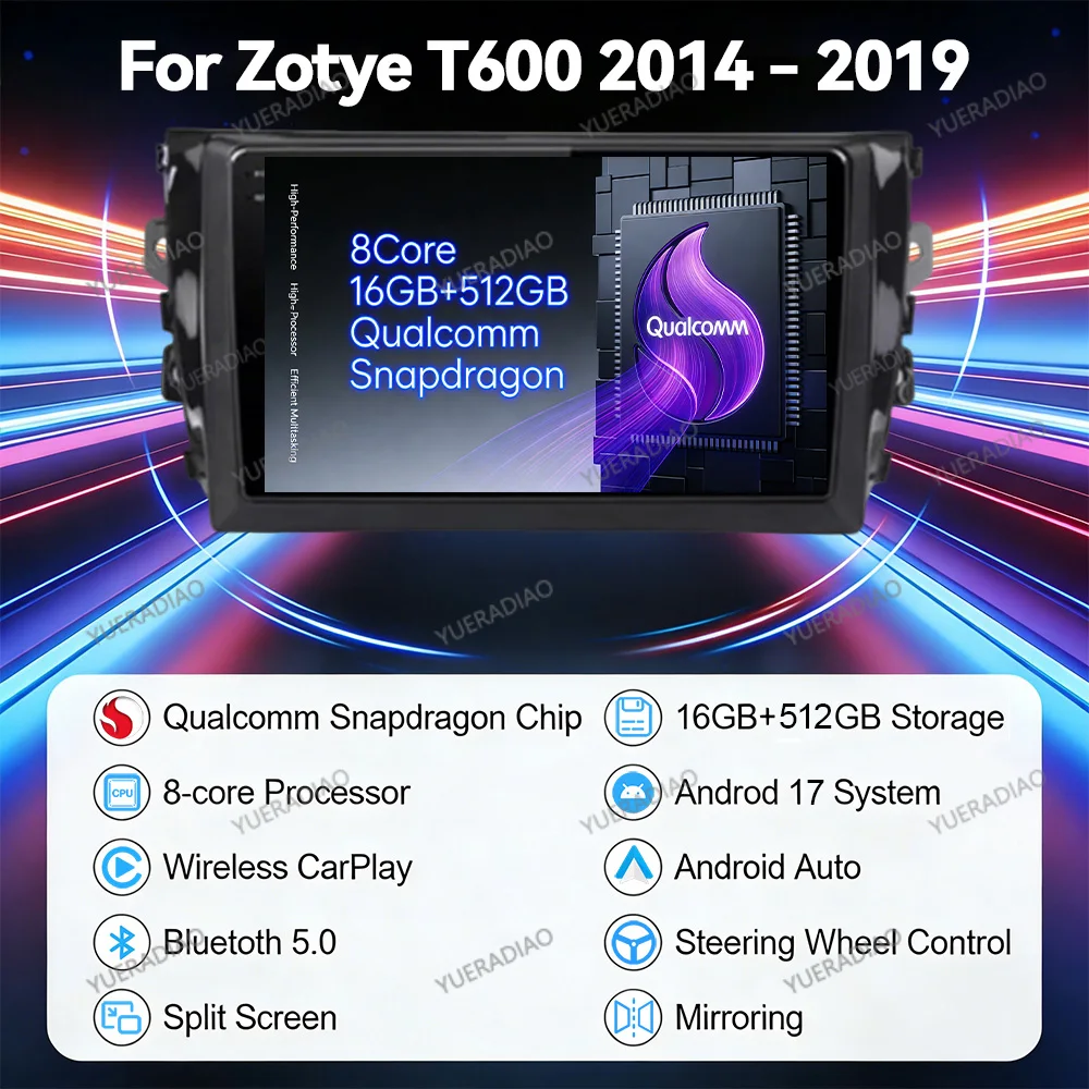 Android 17 Car Radio For Zotye T600 2014 - 2019 Qualcomm 4G WIFI GPS NAVI Multimedia Stereo Video Player Head Unit 2DIN QLED BT