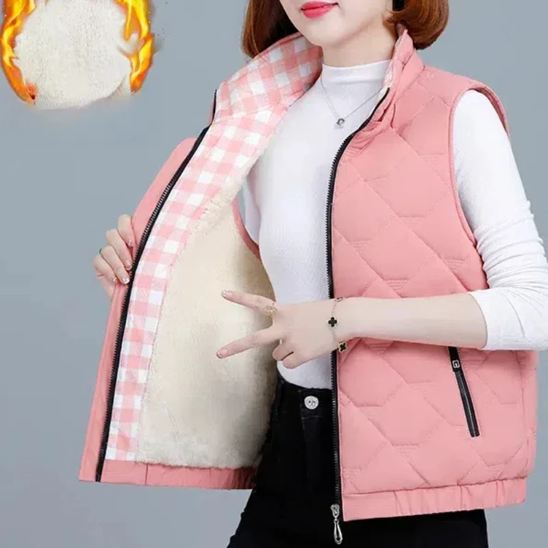 Zipper Solid Color Pockets Cardigan Sleeveless Vests Coats Women's Clothing Turtleneck Autumn Winter Flocking Casual Tops