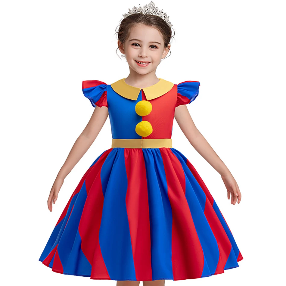 4-12Y Kids Cosplay Dresses Fashionable Children Circus Themed Halloween Dress Girls Performance Short Sleeved Red and Blue Dress