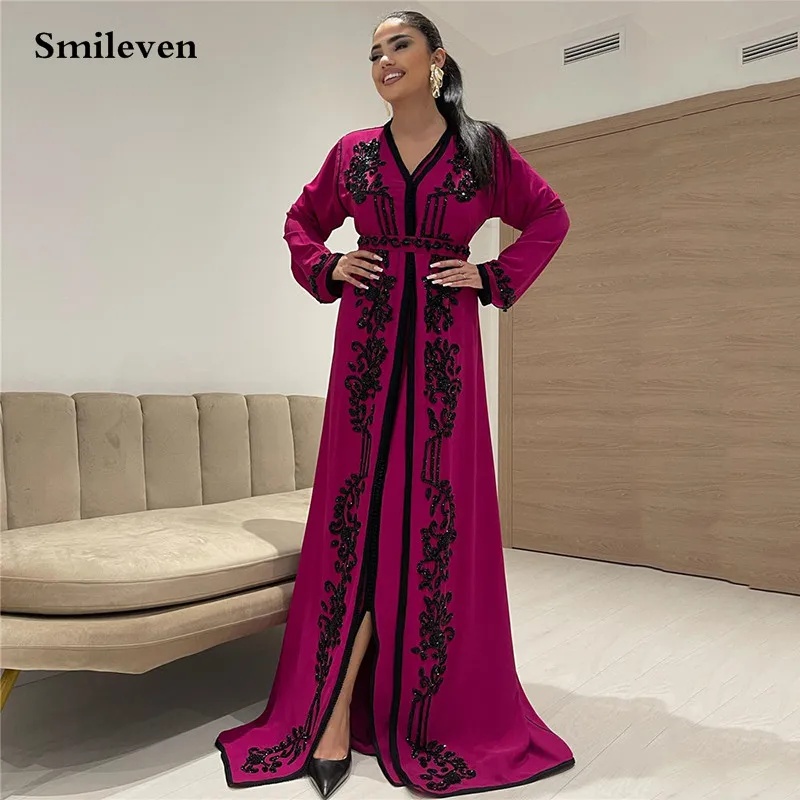 Smileven pitaya Color V Neck Moroccan caftan Evening Dresse Long Sleevees Lace Special Occasion Dress Lace Party Gown