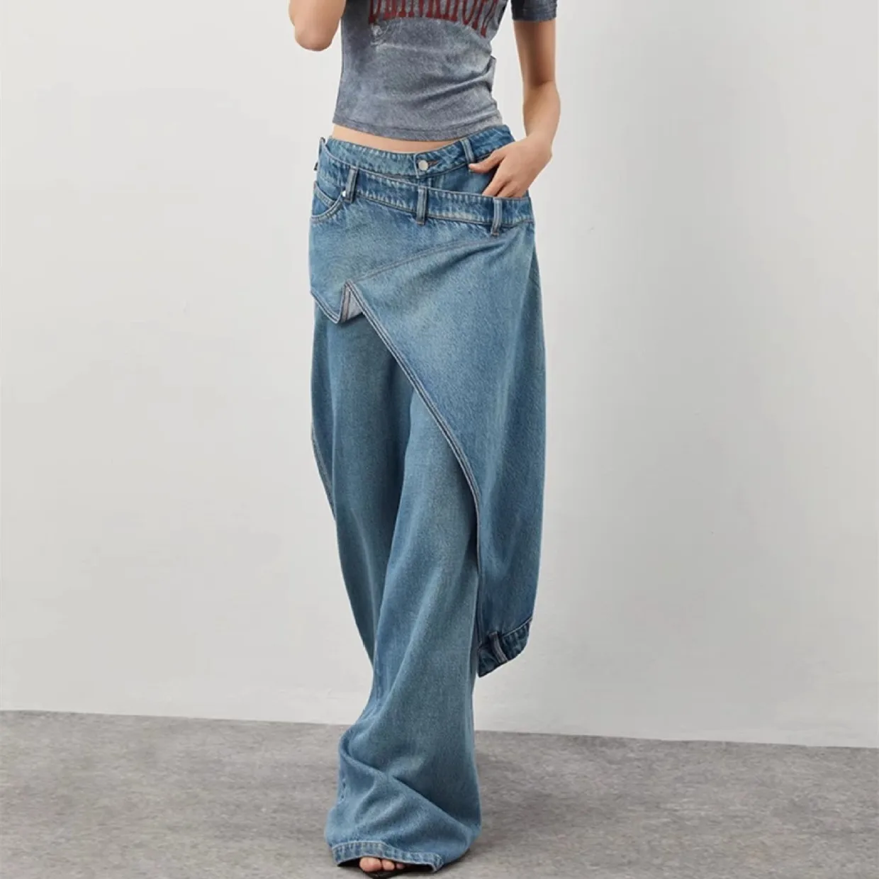 

New Trendy Women Irregular Patchwork Zipper Design Jeans 2024 Summer Fashion High Waist Straight Denim Pants Female