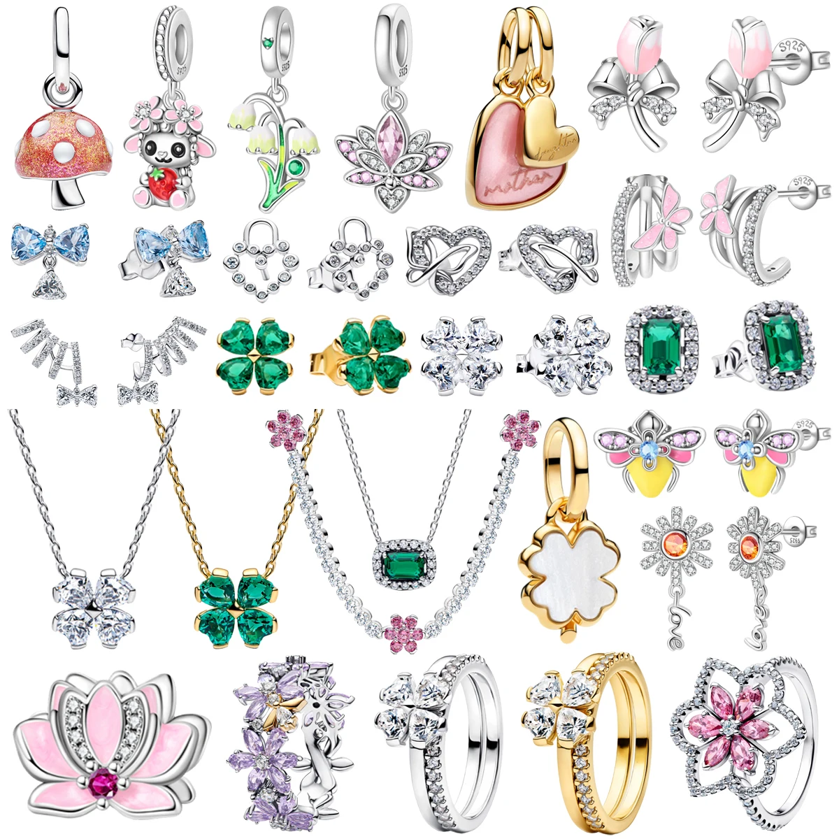 Original 925 Sterling Silver Four Leaf Clover Lotus Bow Snail Pendant Earrings Ring fit Women's High-end Birthday Jewelry Gifts