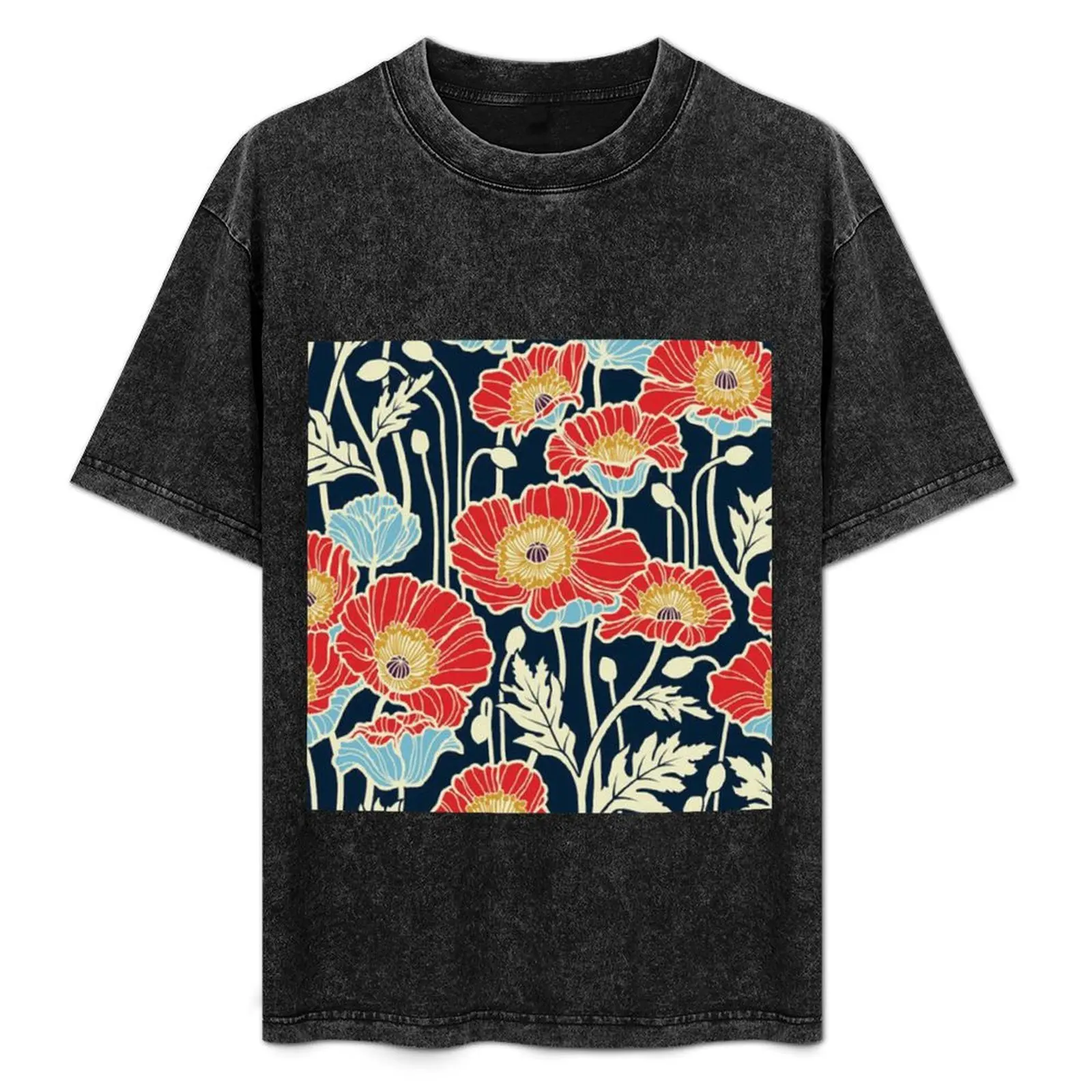 

Red Orange Navy Floral T-Shirt Minimalist Graphic Tee Shirt