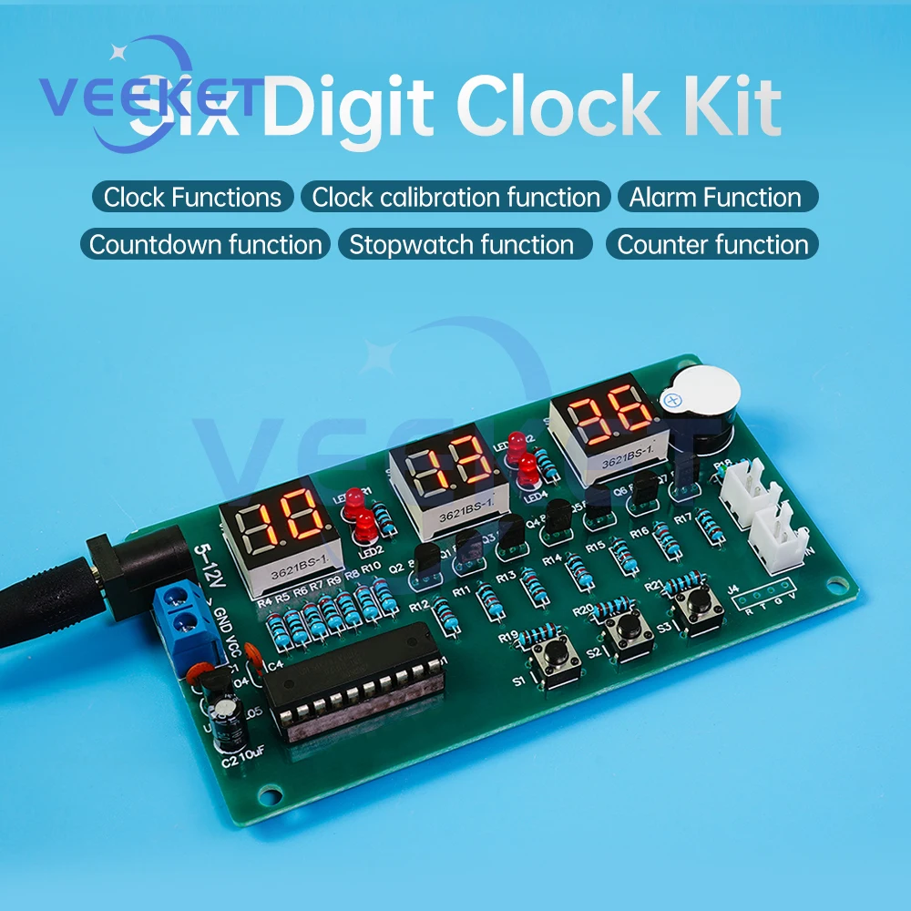 DC5-12V Six Digit Digital Clock Electronic DIY Kit Multifunctional LED Digital Timer DIY Kit for Beginners Practice Welding