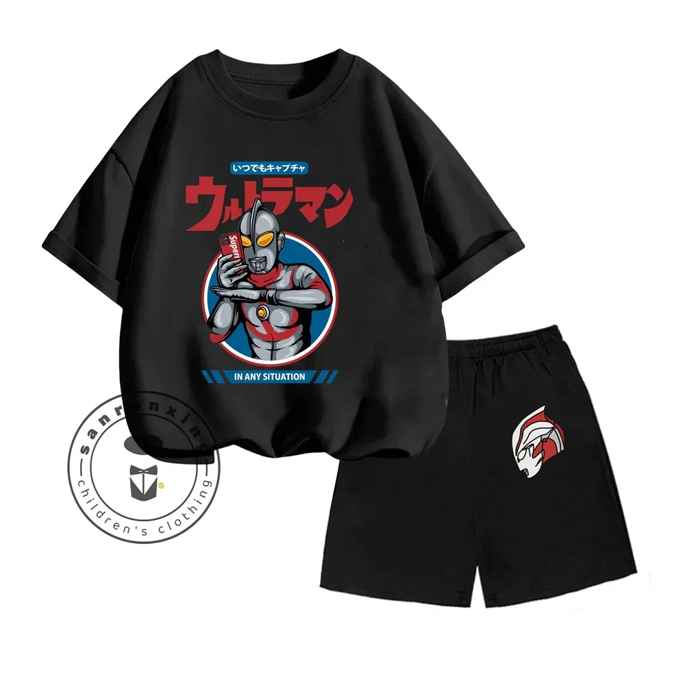 Summer Hot Animation Ultraman Cartoon Character Print Design O-neck Lightweight Short Sleeve and Cool Short Sleeve Children Suit