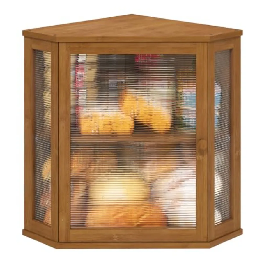 

Corner Bread Box for Kitchen Counter Bamboo Wood Large Capacity Bread Storage Bin with Acrylic Wavy Door Panel