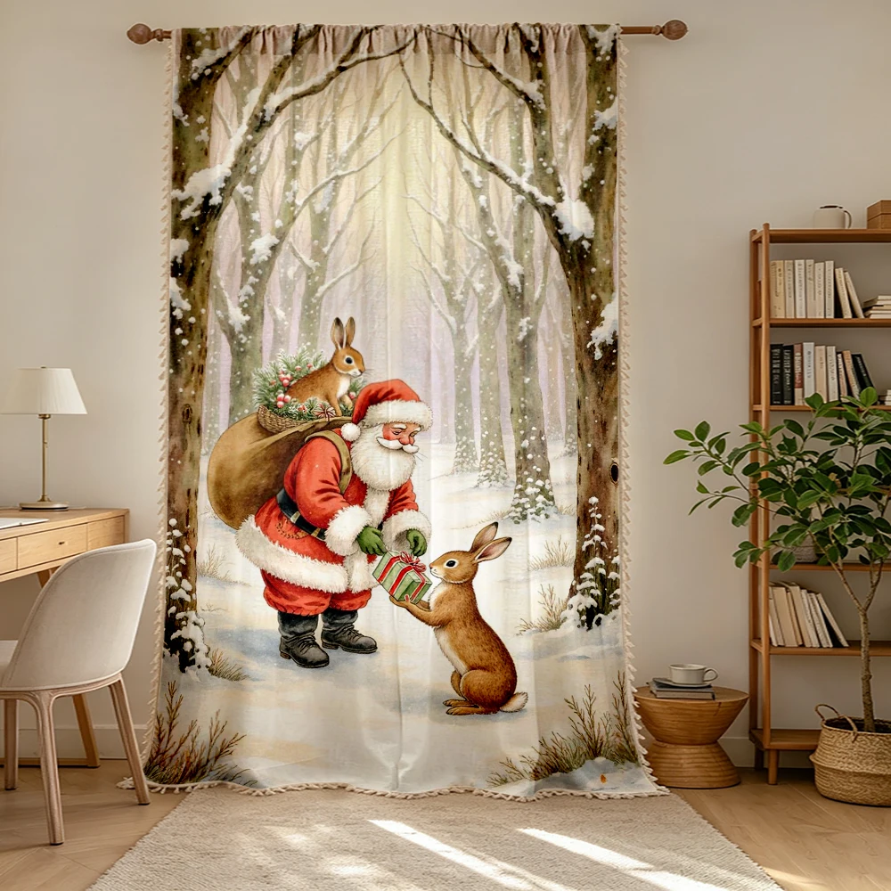1PC Christmas Tassel Sheer Curtains, Santa Claus Rabbit Gift Snowy Pattern, Digital Print, Linen Polyester, Home Decor