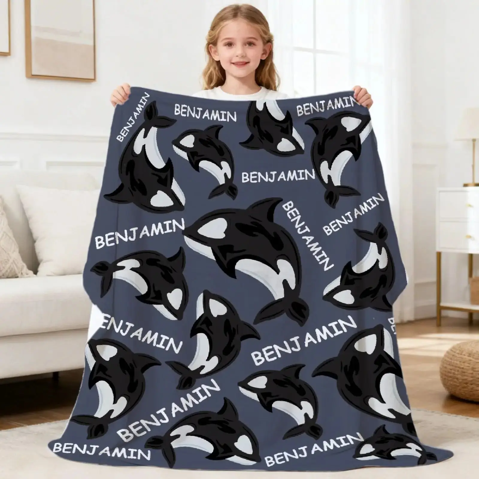 Black and White Killer Whale Marine Animal Repeating Pattern Soft Flannel Blanket Light-colored Decorative Blanket
