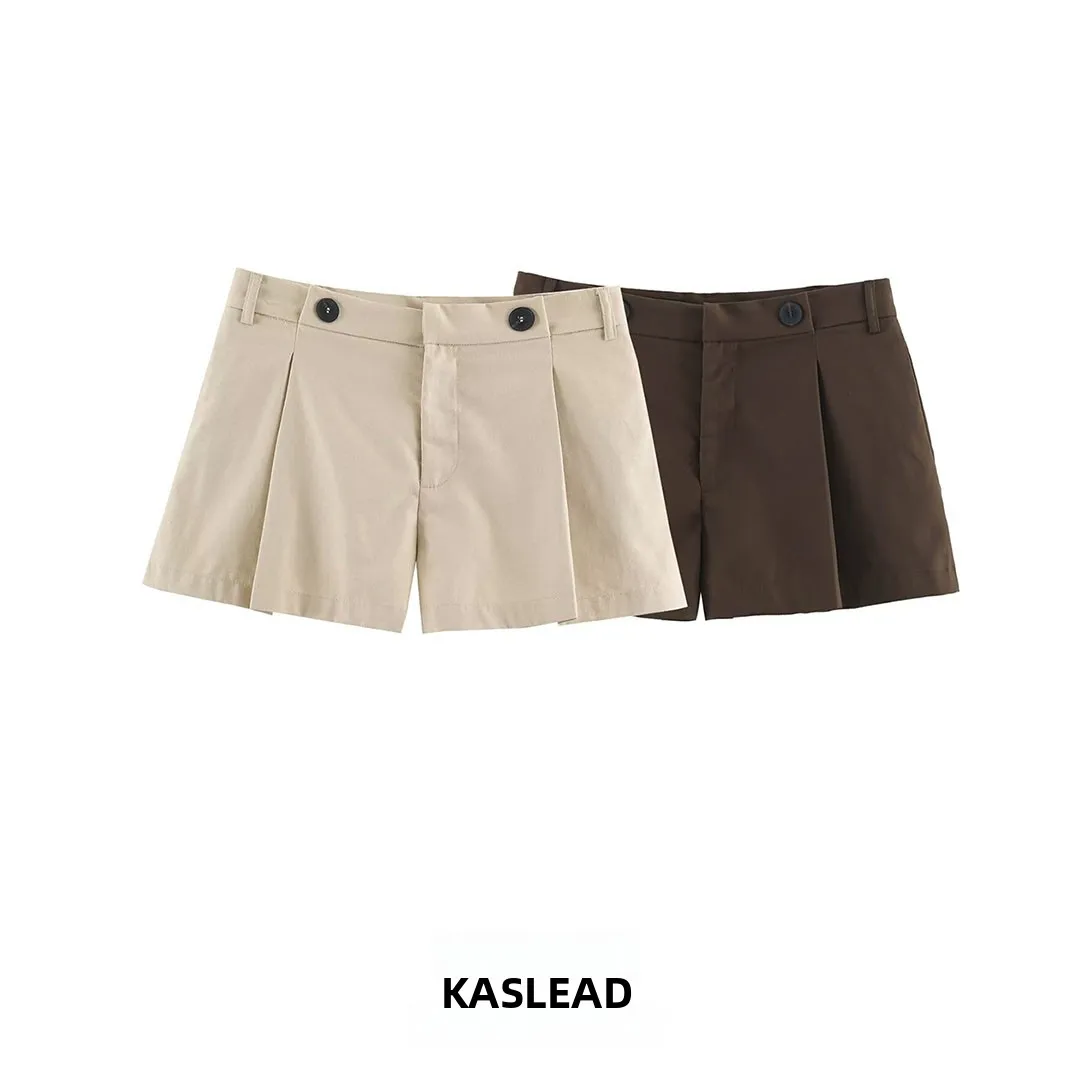KASLEAD Fashionable Women's Short Pants Buttoned Pleated Versatile High Waist Straight Leg Polyester Fiber Ladies' Trousers