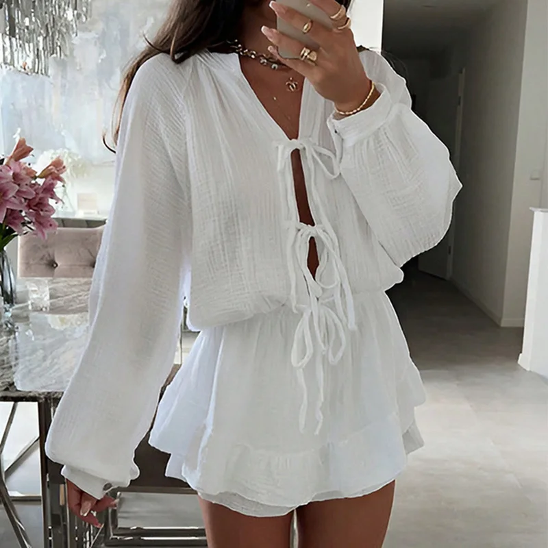 Frühling Sommer Lange Ärmeln Rüschen Kurzes Kleid frauen Casual Aushöhlen Plissee Strand Kleid Elegante V-ausschnitt Fliege Up mini Kleid