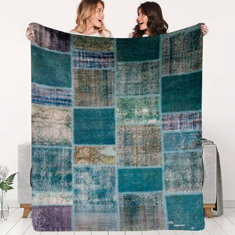 Vintage Blau-Grüne Patchwork-Flanelldecke Zeitlose Wärme und Künstlerischer Charme Vielseitig Einsetzbar für Zuhause Geeignet für Betten