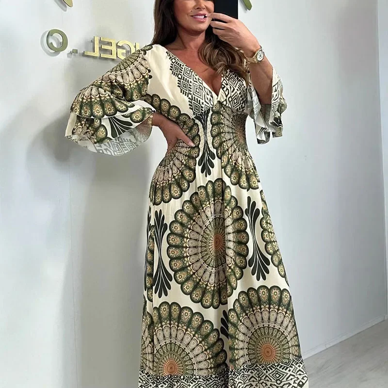 봄 여성의 높은 허리 Boho 드레스 새로운 레트로 인쇄 v-목 휴가 드레스 여름 패션 나비 슬리브 느슨한 통근 드레스