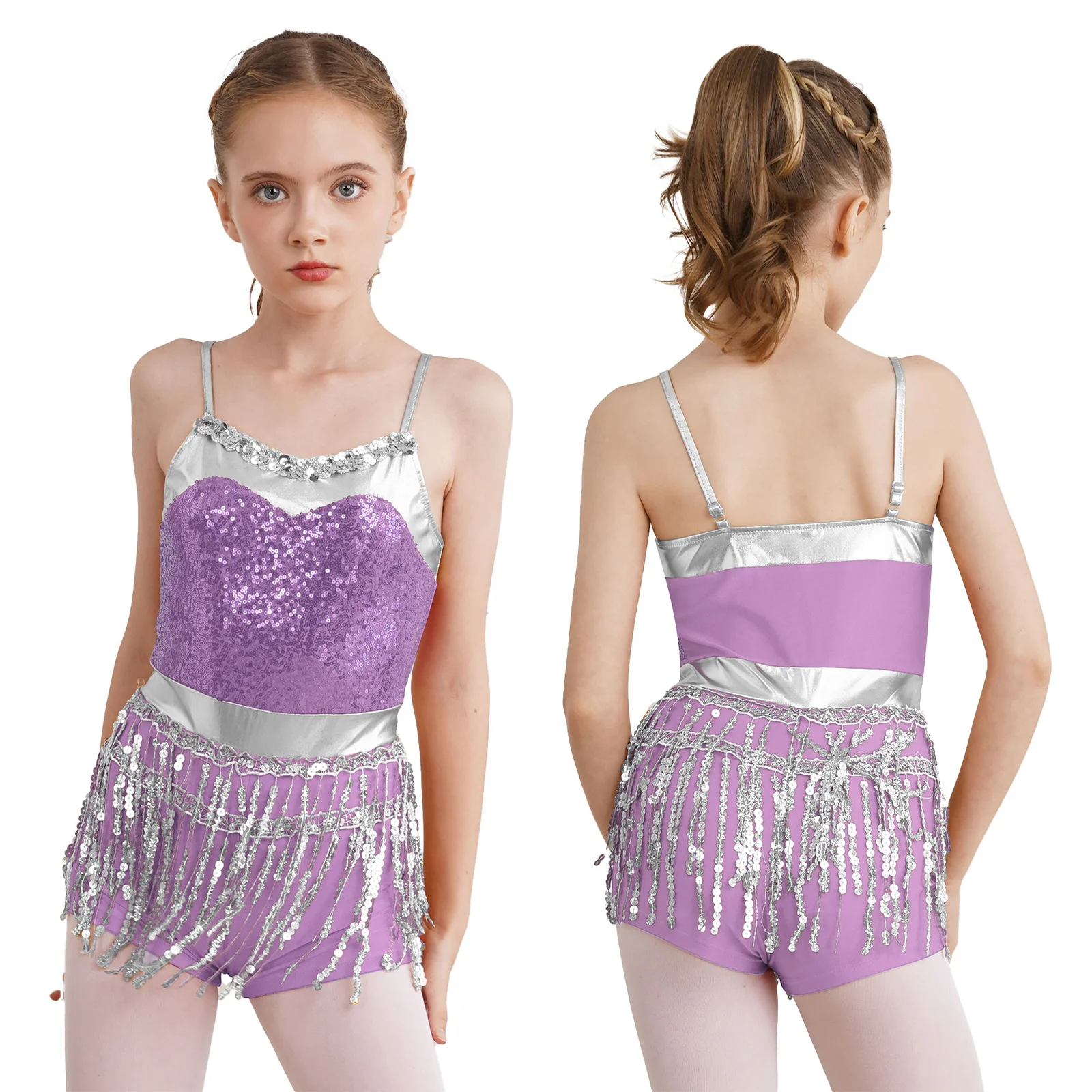 

Kids Girls Fringe Sequin Latin Jazz Dance Performance Costume Sleeveless Back Keyhole Boyshorts Dress Hip Hop Latin Dance Dress