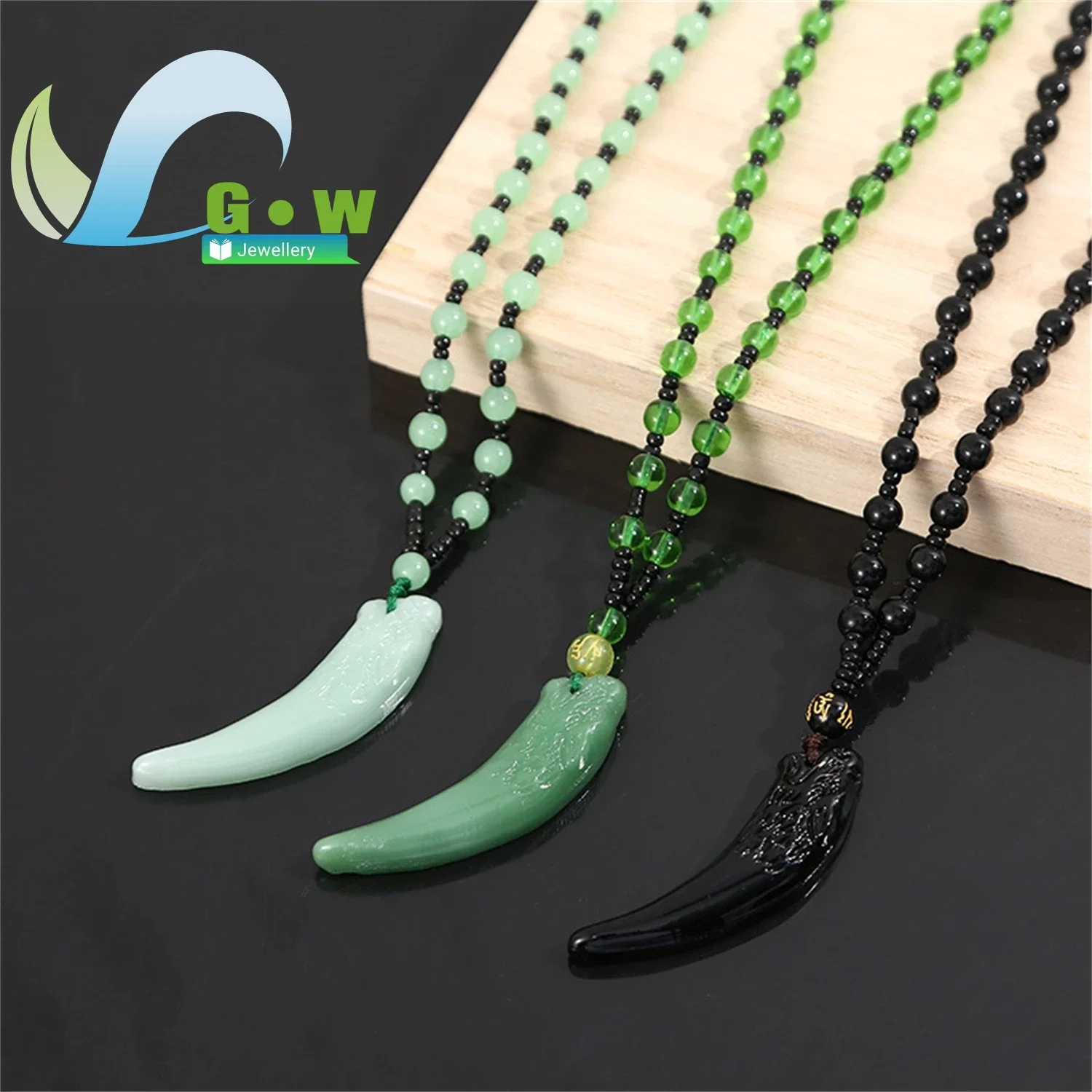 Natural Jade Wolf Tooth Pendant Necklace Unisex Black Obsidian Charm Genuine Stone Carved Fang Amulet Protective Talisman Jewelr