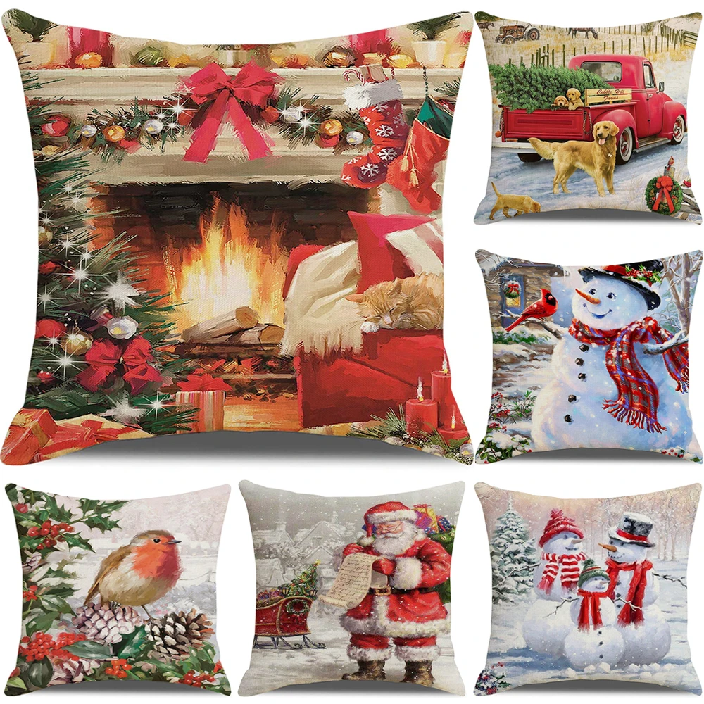 

Christmas Cushion Cover 18x18 Inch Pillowcases Sofa Cushions Throw Pillow Cover Linen Pillow Case Christmas Decorations for Home