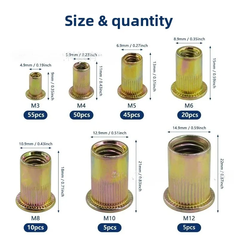 

Коробка из 190 шт.: Заклепочные гайки из углеродистой стали, оцинкованные, с плоской головкой, с вертикальными пазами, с резьбой под врезку, с внутренней прокладкой, M3–M12