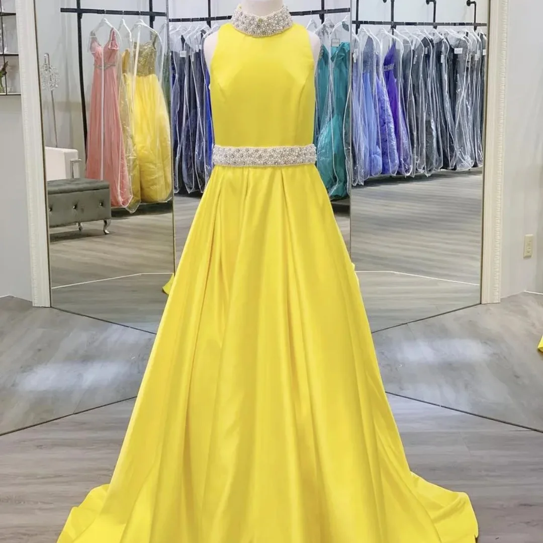 Yellow Satin Girl Pageant Dress with Beaded Pearls High Neck/Collar A Line Zipper Kids Prom Party Cocktail Birthday Wear Gowns