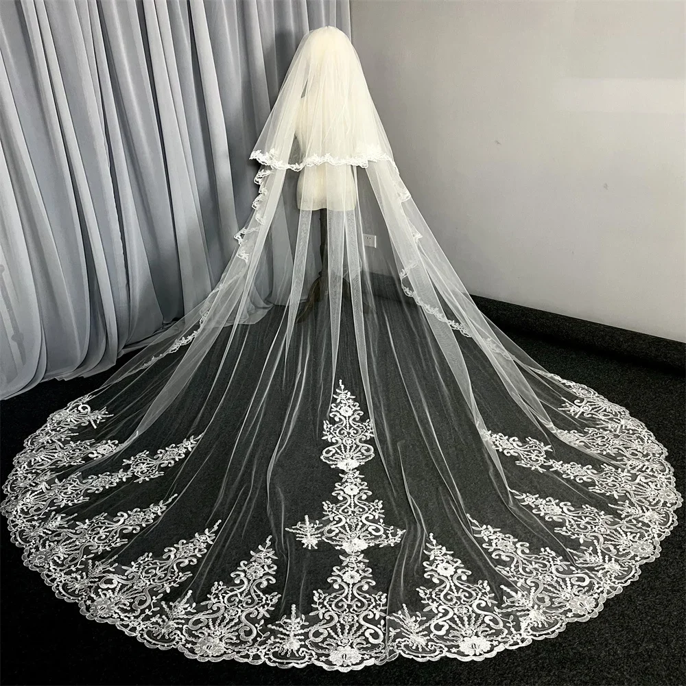 Long Wedding Bridal Veils with Comb Lace Appiques Edge 1 T Tulle Cathedral Veil with Comb Ivory White Velo De Novia Voile Mariee