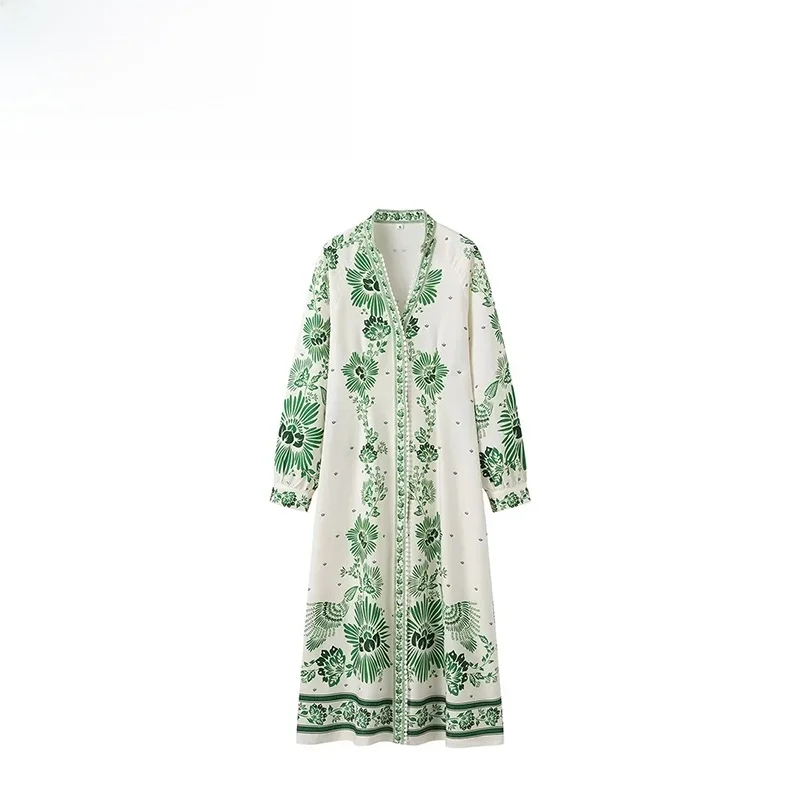 JNLEAOG Faionable décontracté imprimé longue Sve Dr femmes rue Sle taille ample Polyester Fiber a-ligne jupe bouton unique