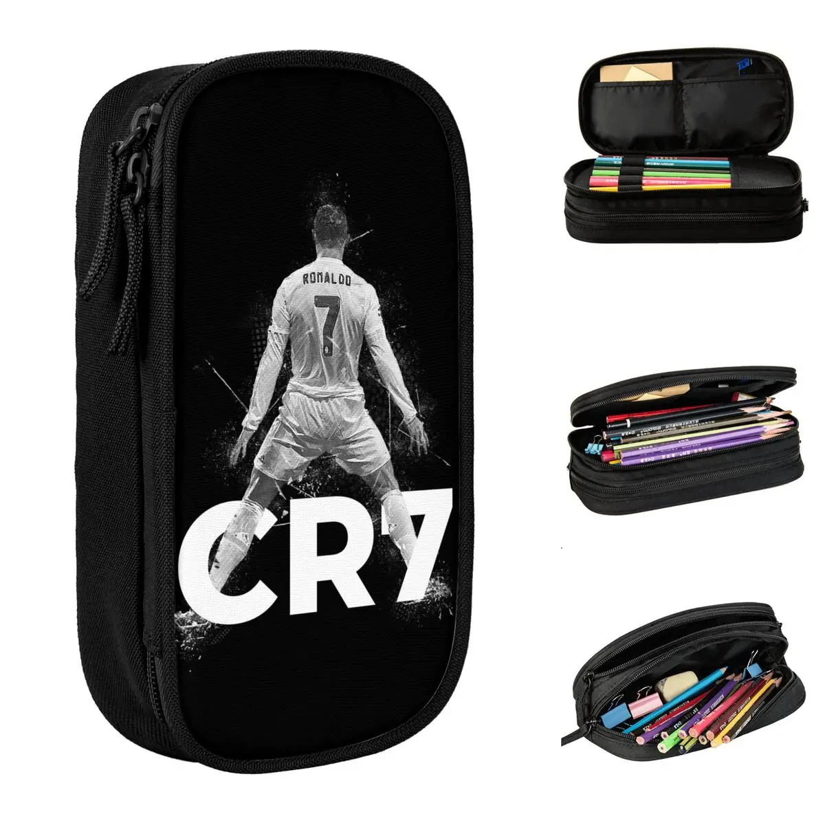 futebol futebol lapis bolsa ronaldos lapis bolsa pen holder para estudante bolsa de grande capacidade material escolar zipper papelaria cr7 01