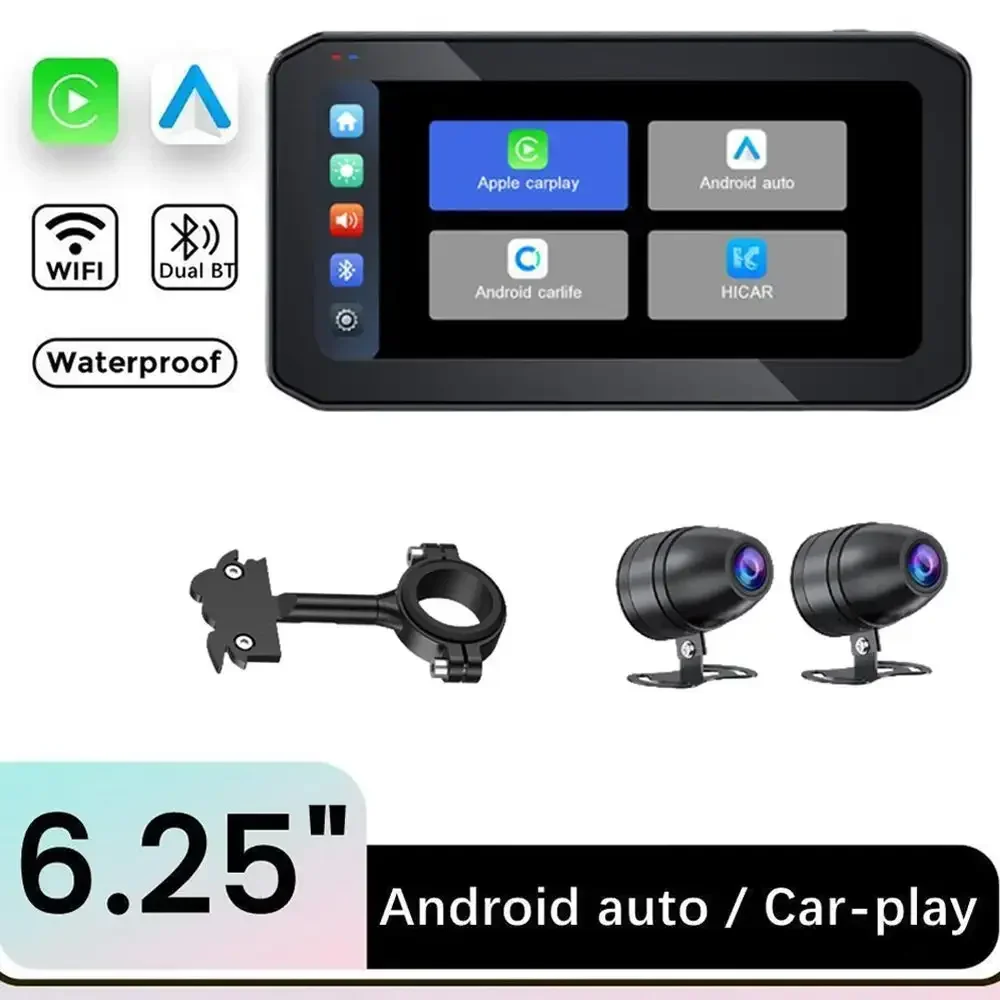 Portable 6.25 inch IP67 Waterproof Motorcycle GPS Navigation Wireless Carplay Android Auto DVR Drive Recorder Moto Monitor WIFI