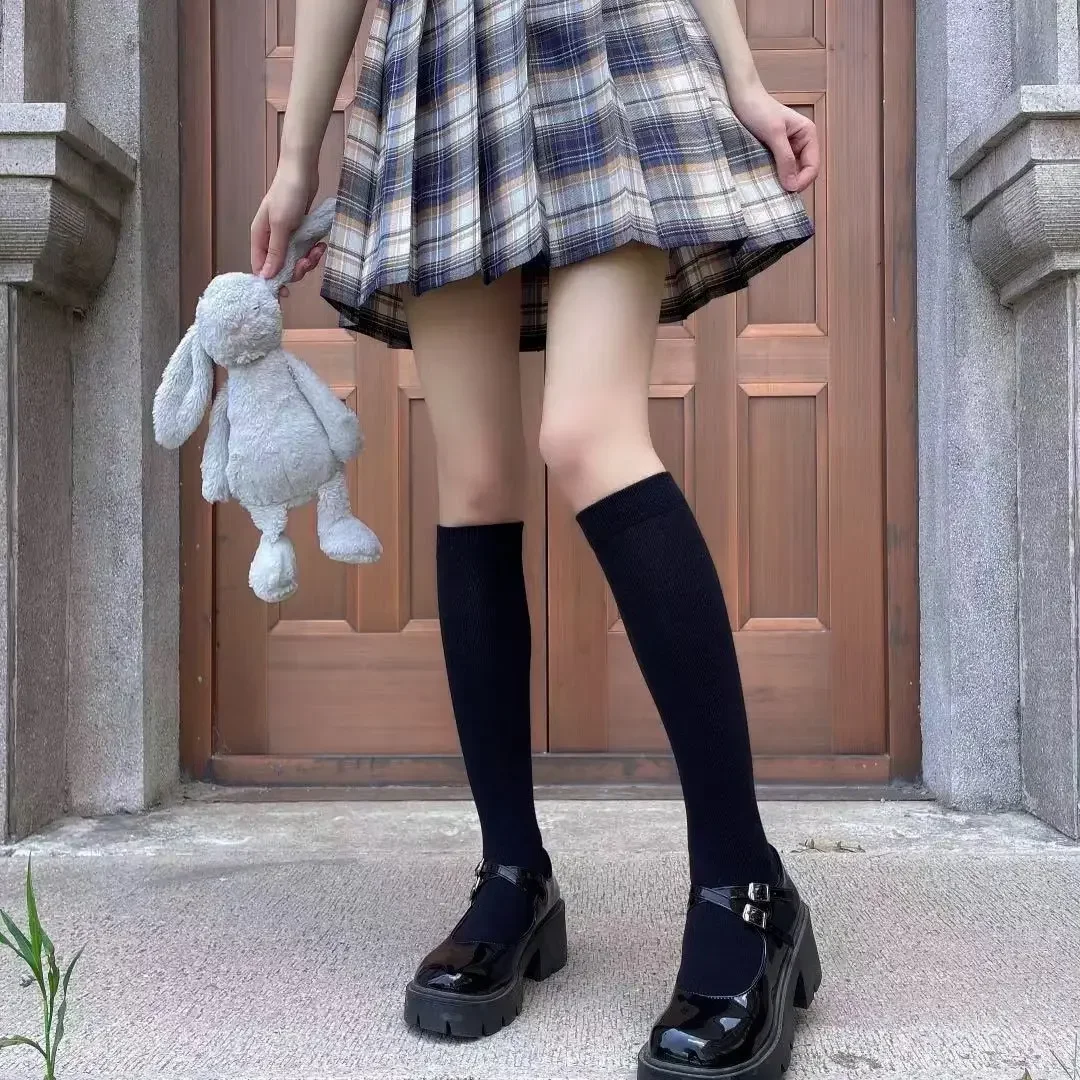 JK Damen Schwarz-Weiße Kniehohe Lolita-Socken, Niedliche Overknee-Socken für Mädchen, Tägliche Dünne Weiche Atmungsaktive Einfarbige Strümpfe – Detail 5