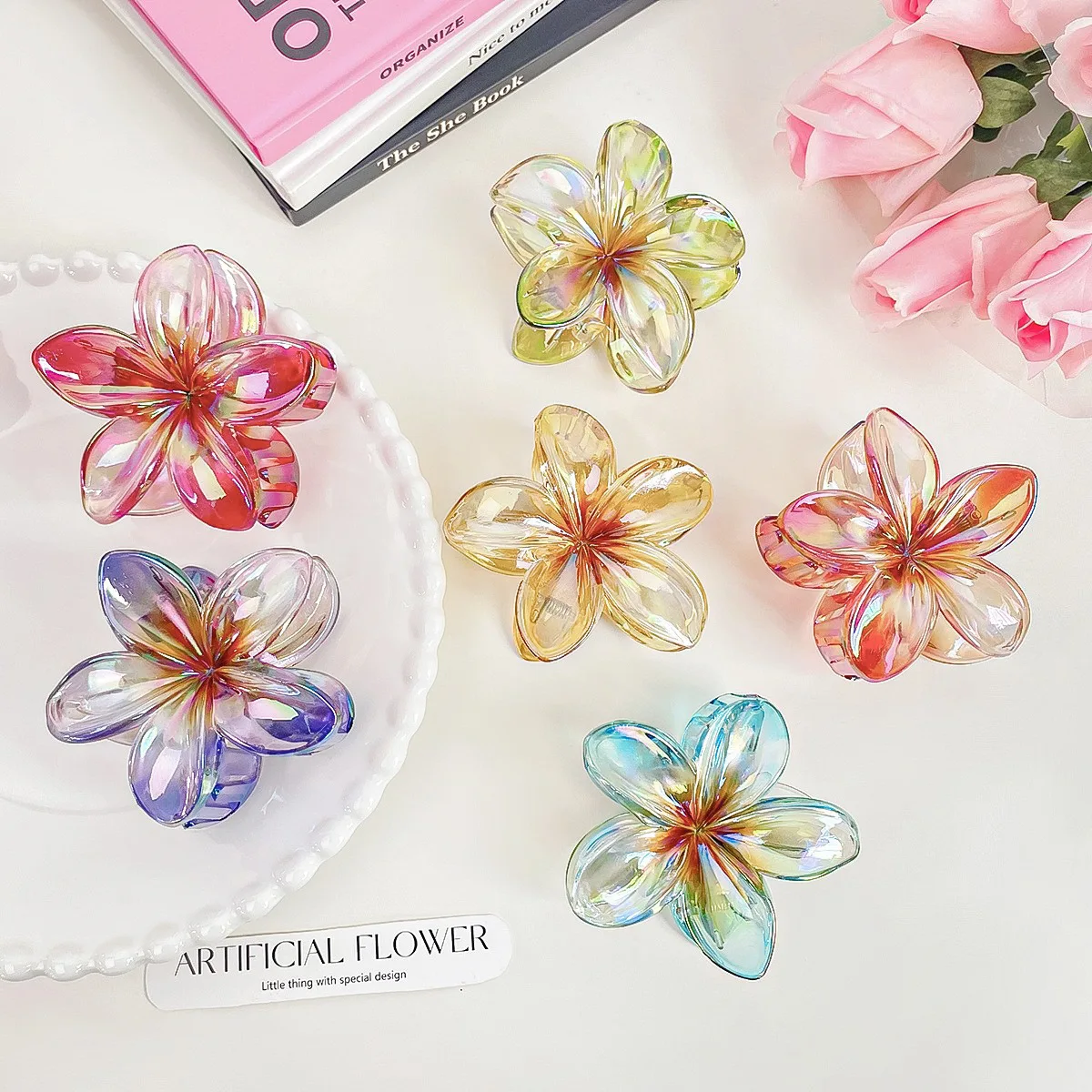 Colorful Frangipani Holiday Style Acrylic Hairpin Flower Grab Clip Women's Shark Clip Hair Headpiece Niche Design Hair Claw