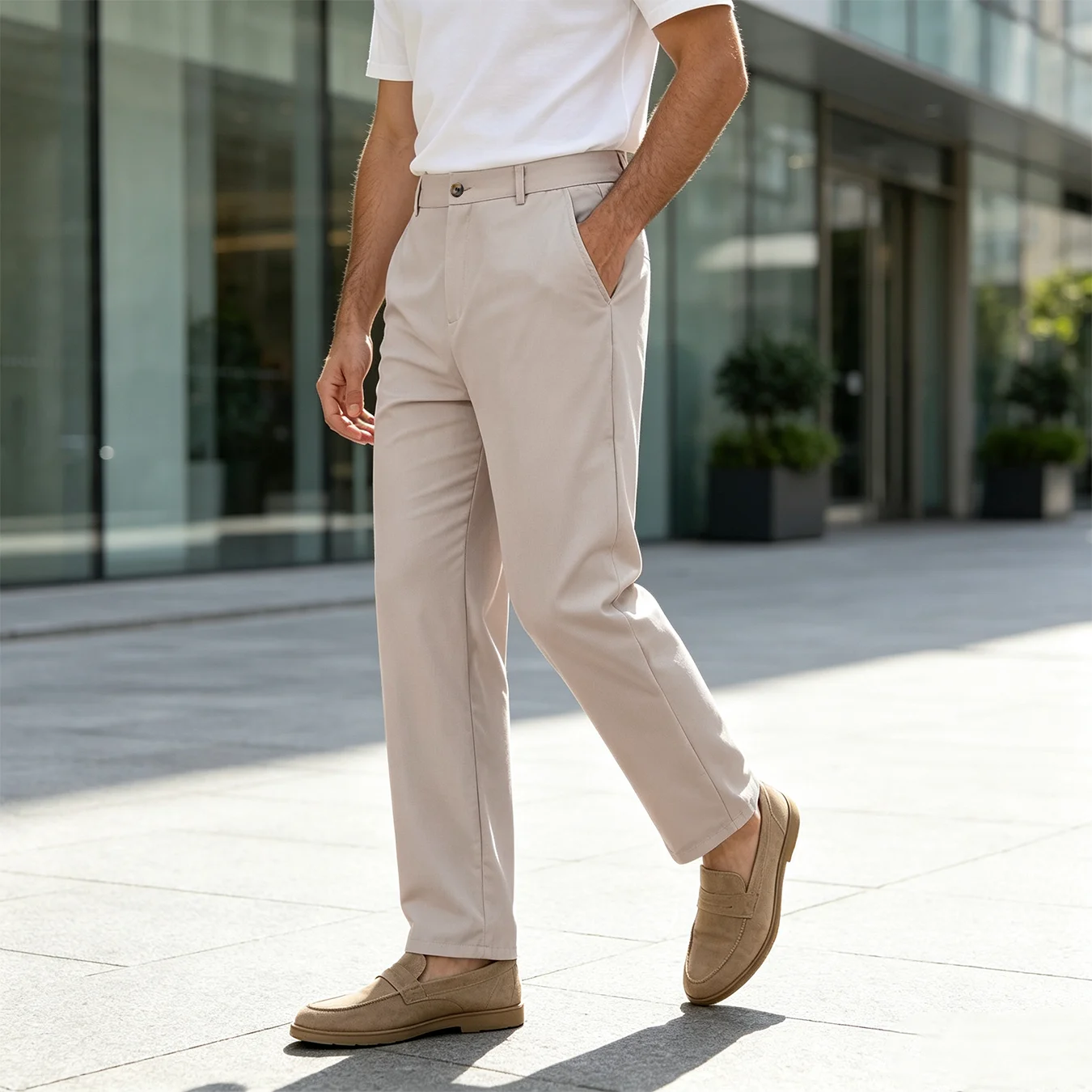 Men Straight Fit Dress Pants Button Waist Chino Trousers Slant Pockets Solid Color Business Casual Office Pants