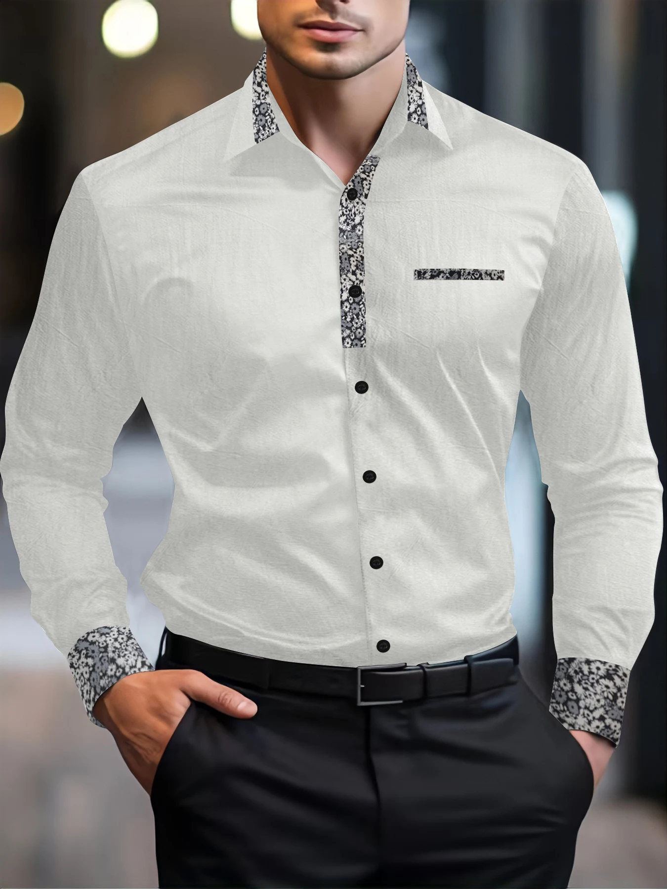 

New men's mature shirt, cotton and linen cardigan, lapel printed urban business casual shirt