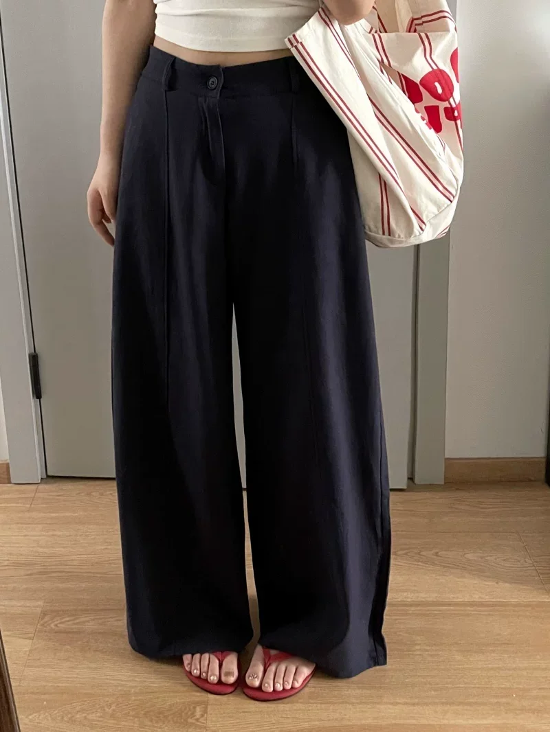 Loose Summer Wide Leg Pants High Waist Cotton Linen Casual Trousers Button Front Elastic Waist Slimming Drapey Washed Cotton