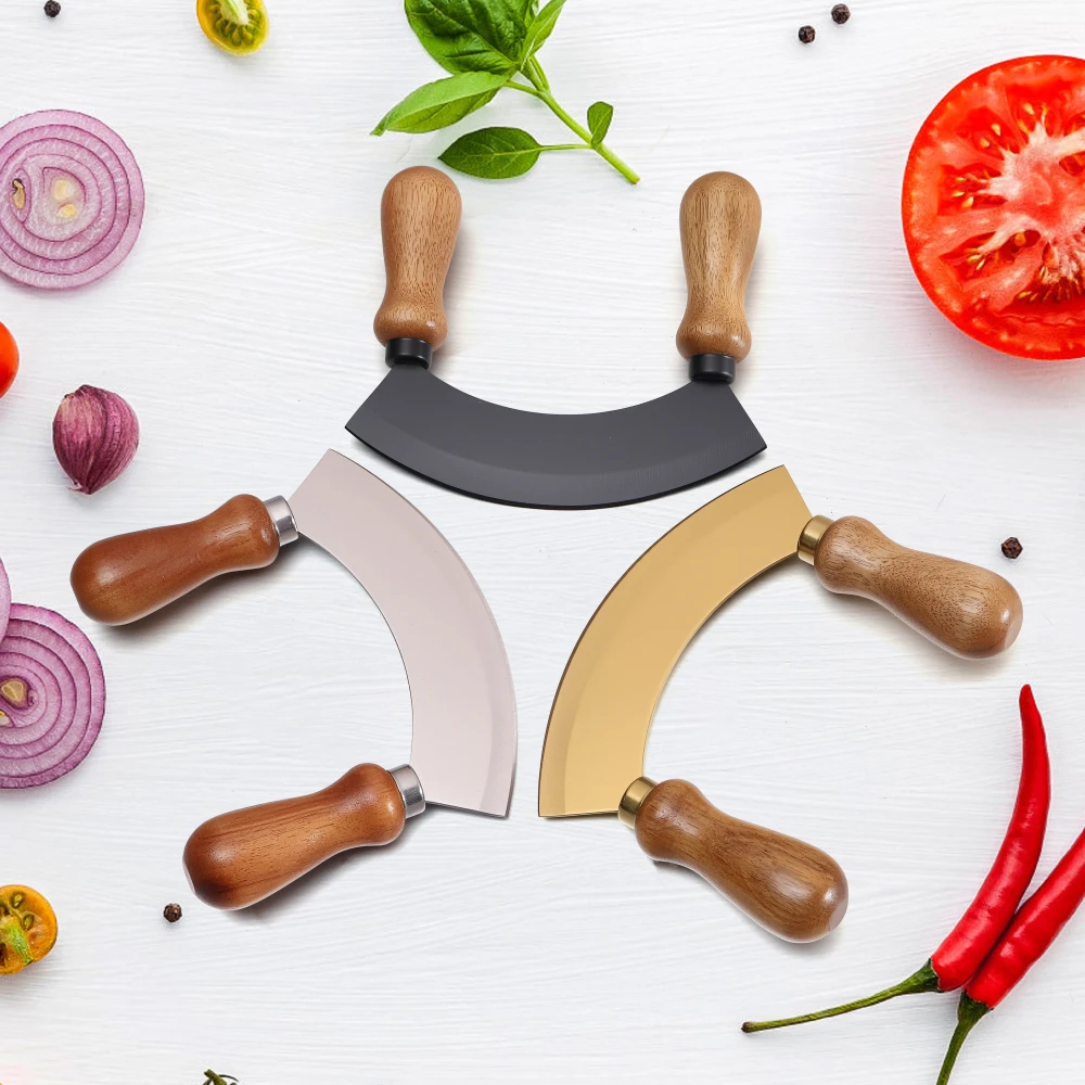 Jaswehome 5.5 Inch Stainless Steel Kitchen Herb chopper Wooden handle Pizza Cutter Fruit Vegetable Salad Chopper Mezzaluna Knife view 3
