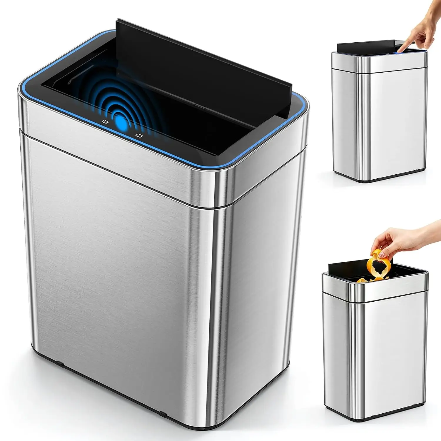 50 Liter/13.2 Gallon Trash Can Touchless Rectangular Motion Sensor Waste Bin with Lid, Soft-Close, Stainless Steel Finish, Fits