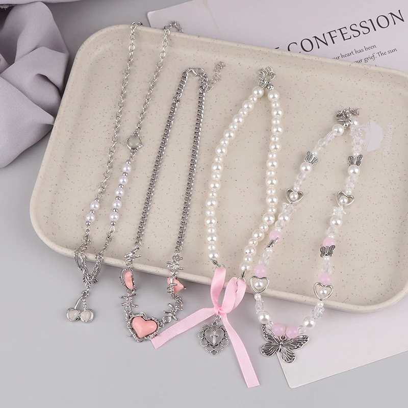 Fashion Bow Love Beaded Necklace Light Luxury Pink Clavicle Chain Party Jewelry Gift