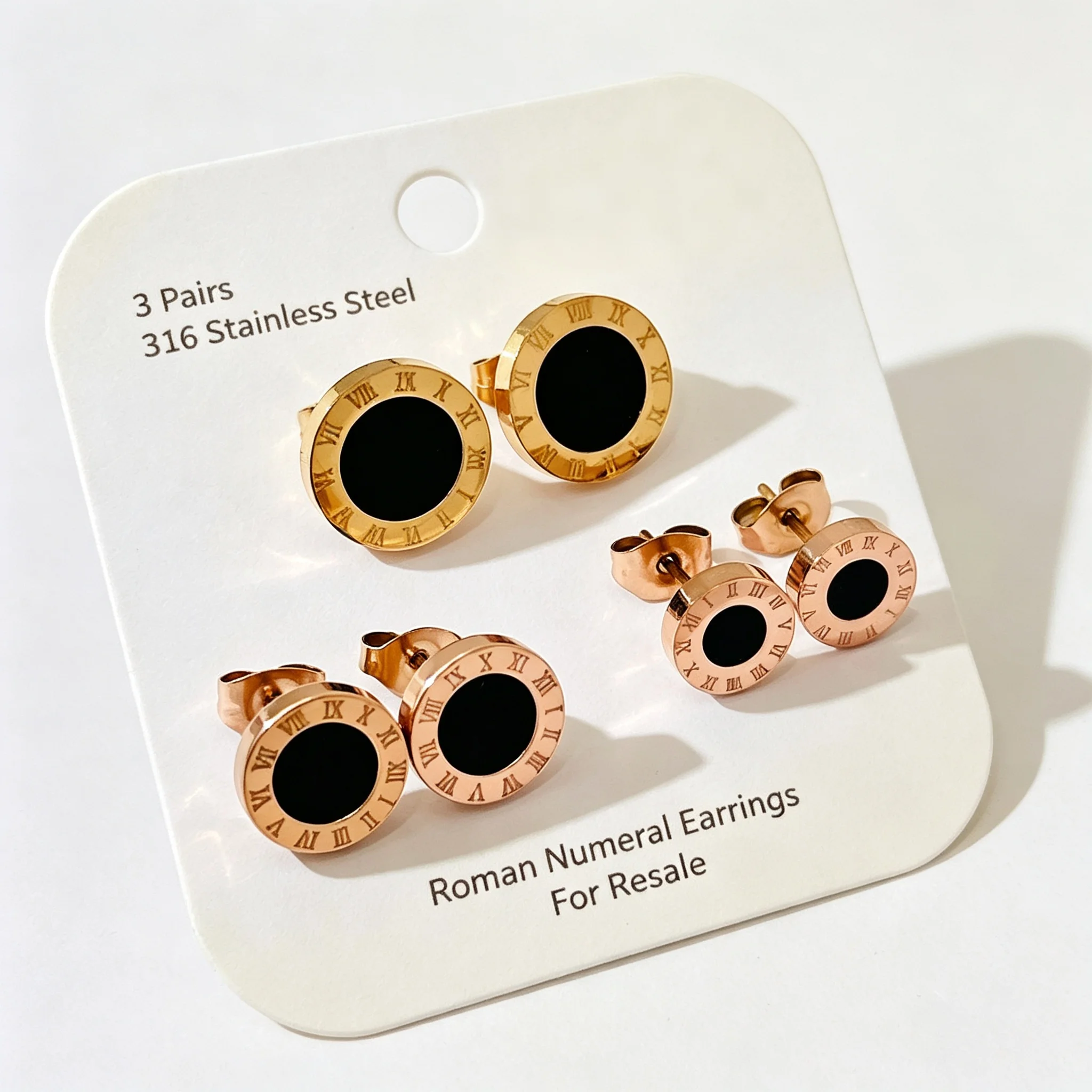 Wholesale 3 Pairs 10mm Roman Numeral Stud Earrings 316 Stainless Steel Gold & Rose Gold Round Piercing Jewelry Bulk Resale