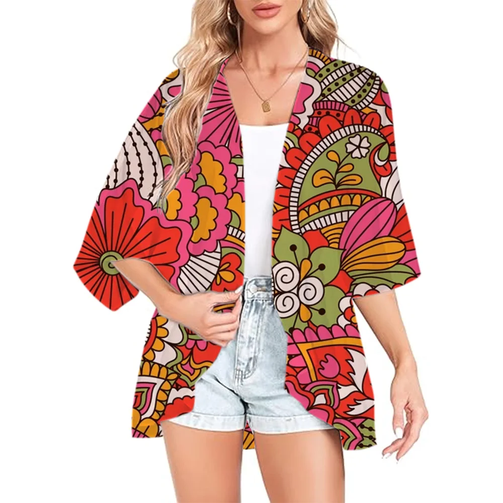 Kardigan z etnicznym nadrukiem Damski lekki kardigan Plus Size Koszula Rękaw Casual Kimono Kardigan Bikini Tunika Plaża Cover Up