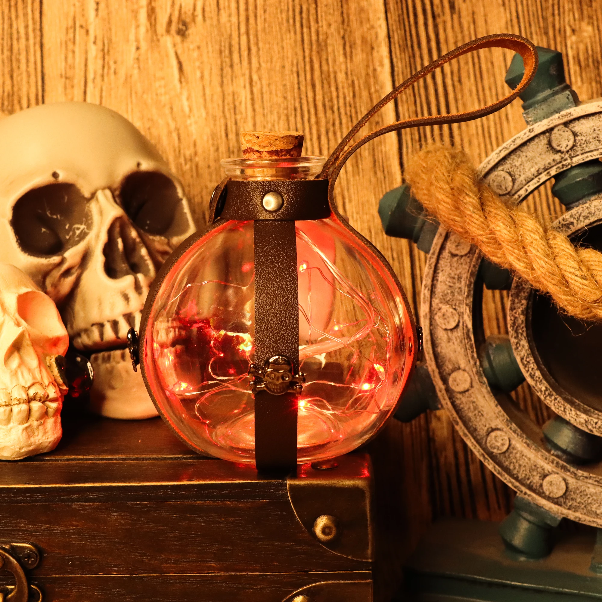 Dark Magic Potion Bottle for Cosplay Halloween, With Cork Stopper Leather Holster Loop Accessories(No lights or water included)