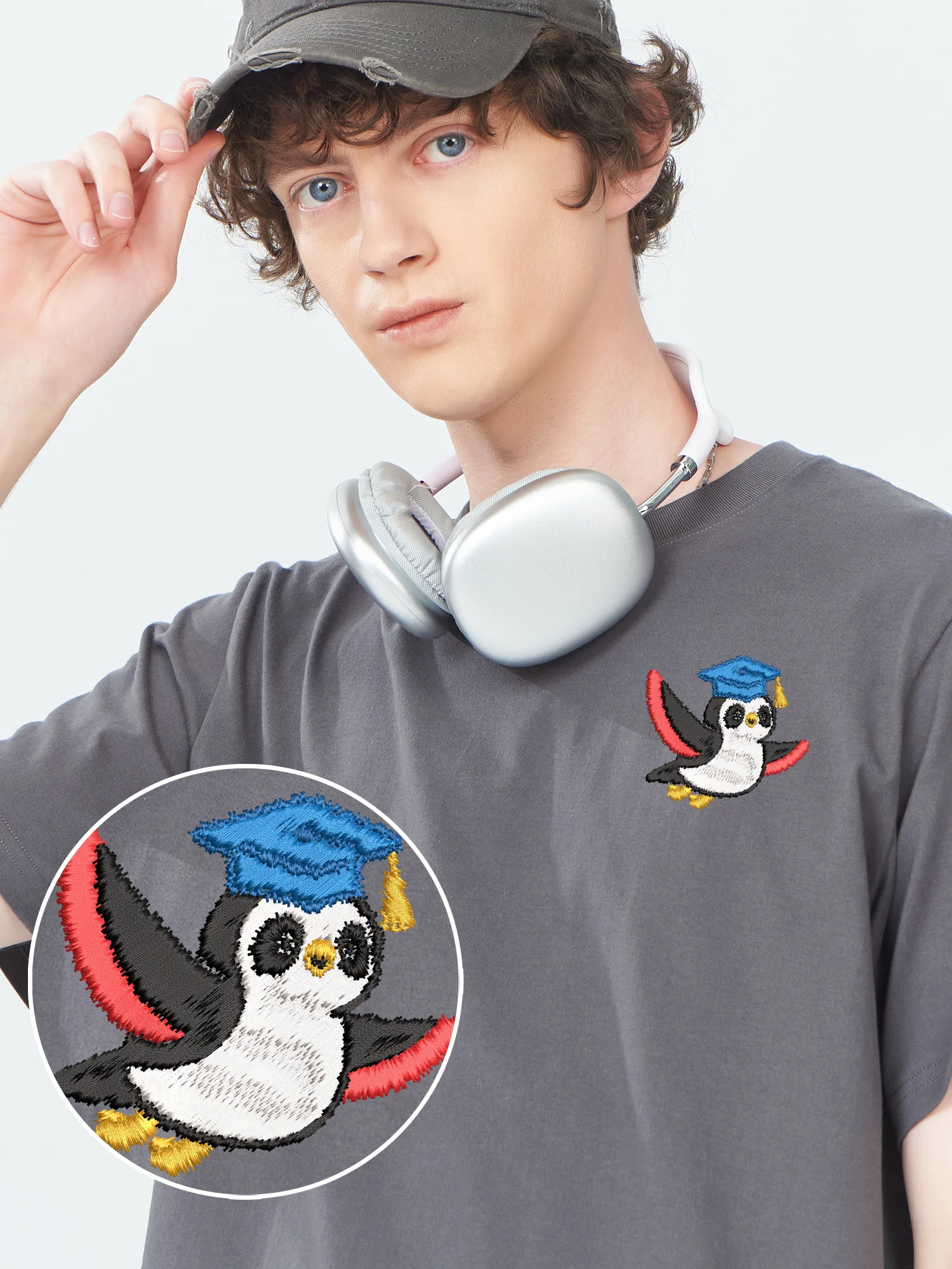 

New Arrival Embroidered Shirt Wearing Mortarboard Flying Bird Fashion T Shirt Men Comfortable Embroidery Camiseta