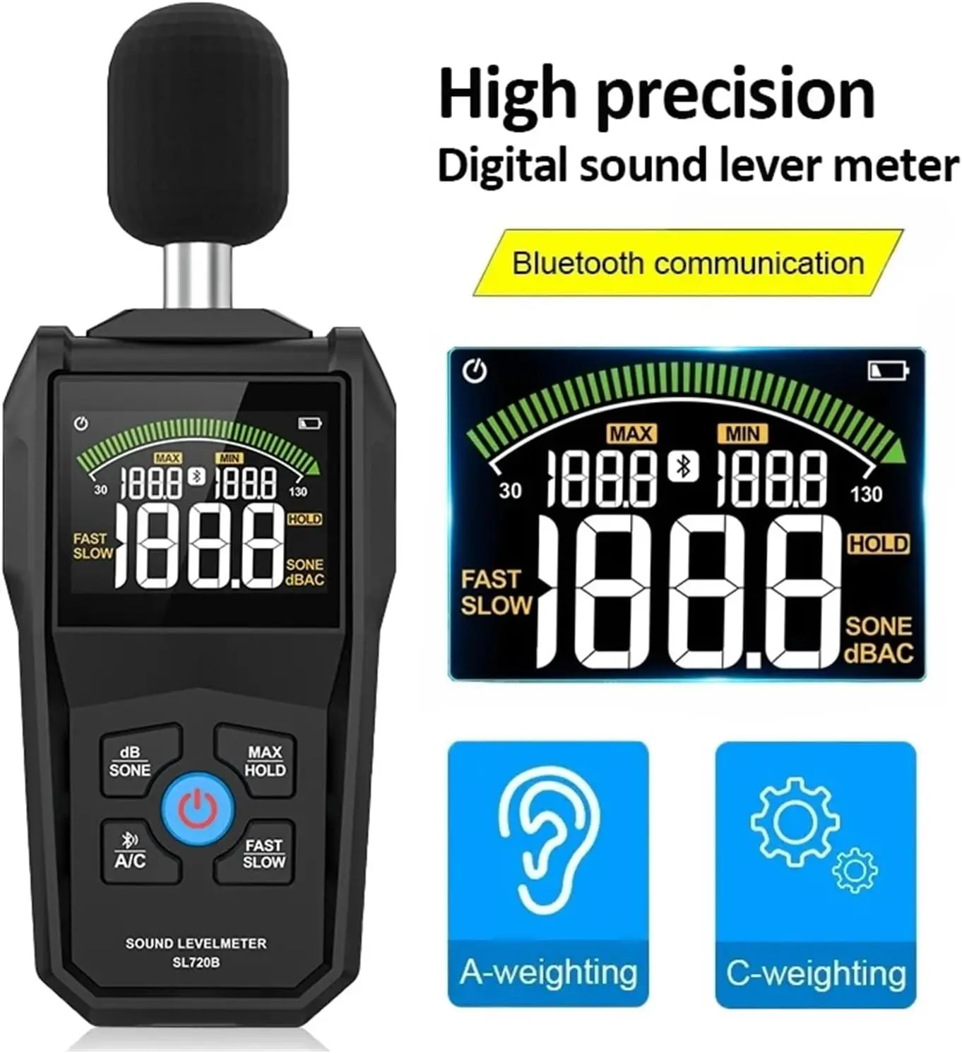 

Digital Sound Level Meter-30~130dB Noise Decibel Meter with LCD Color Screen, A/C Weighting, Max/Min Values